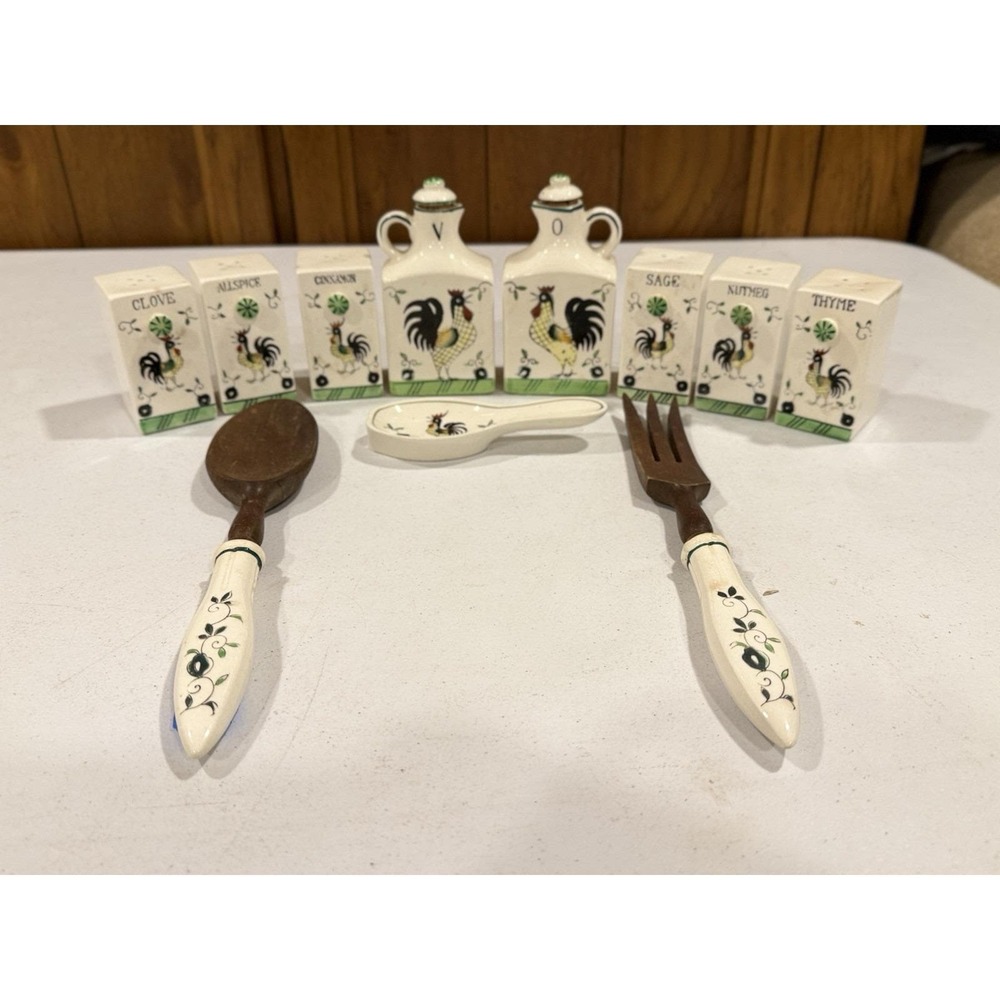 VTG Royal Sealy Spice Set - Cruet & Serving Set White Rooster Hand Painted Japan